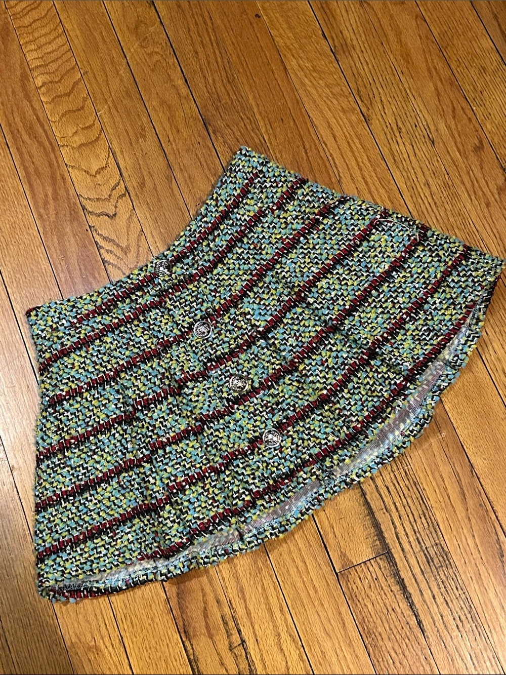 AKIRA Green Multi Tweed Mini Skirt with Red Zip Accents